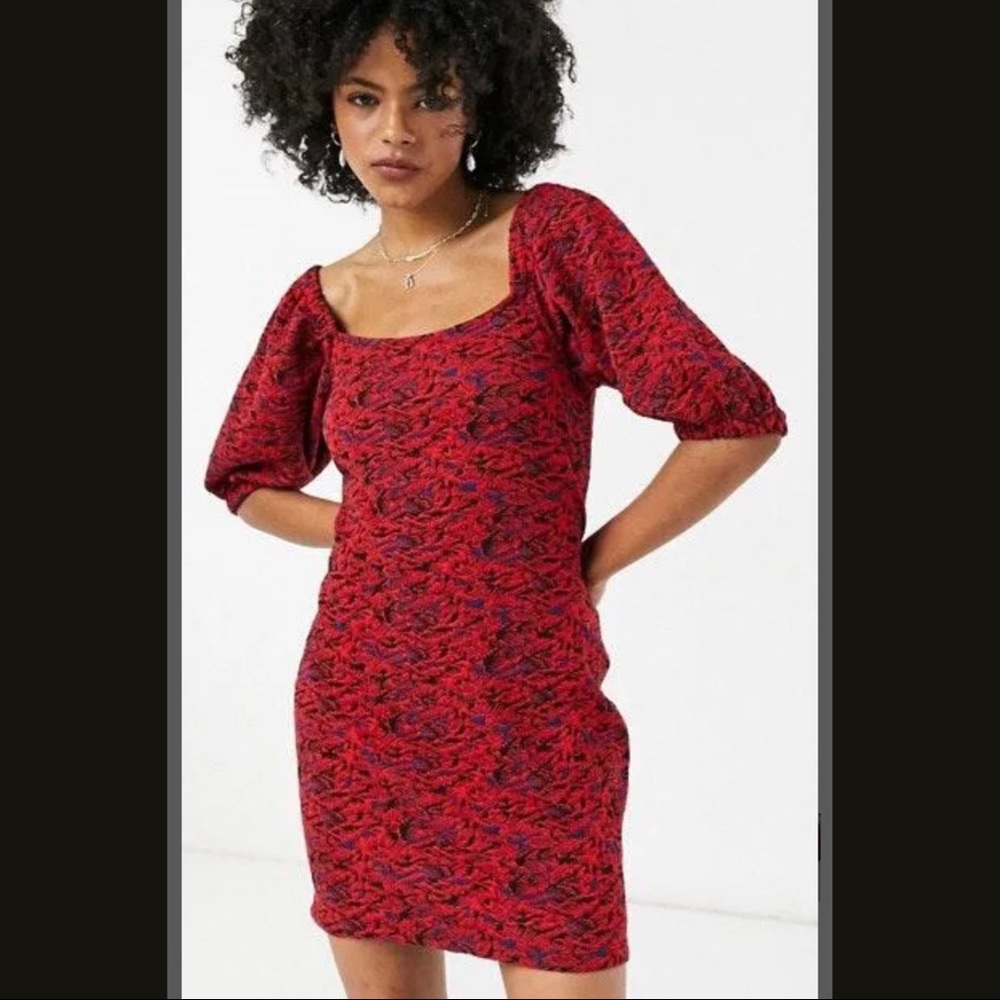 NWT Free People Red Combo Puffy Sleeve Mini Dress XS